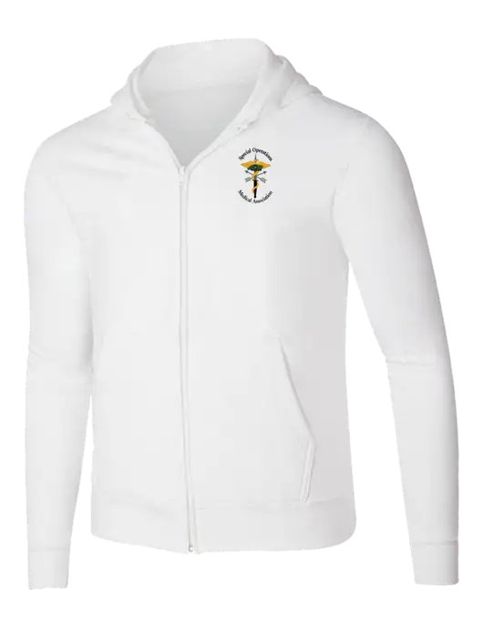 White 8.5 oz Ring Spun Zip Hooded Sweatshirt w/SOMA Logo