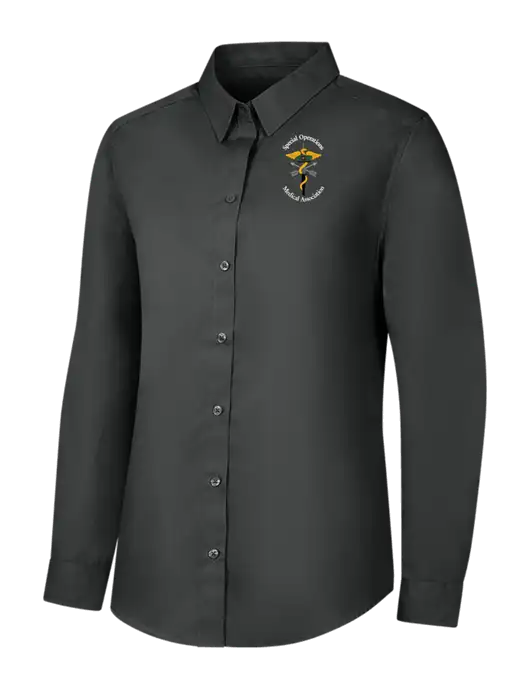 Womens Dark Grey Long Sleeve Carefree Poplin Shirt w/SOMA Logo