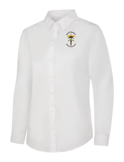 Womens White Long Sleeve Carefree Poplin Shirt w/SOMA Logo