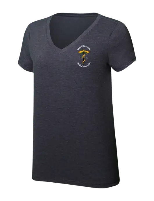 Womens Simply Soft V-Neck Heather Charcoal 4.5oz  Poly/Combed Ring Spun Cotton T-Shirt w/SOMA Logo
