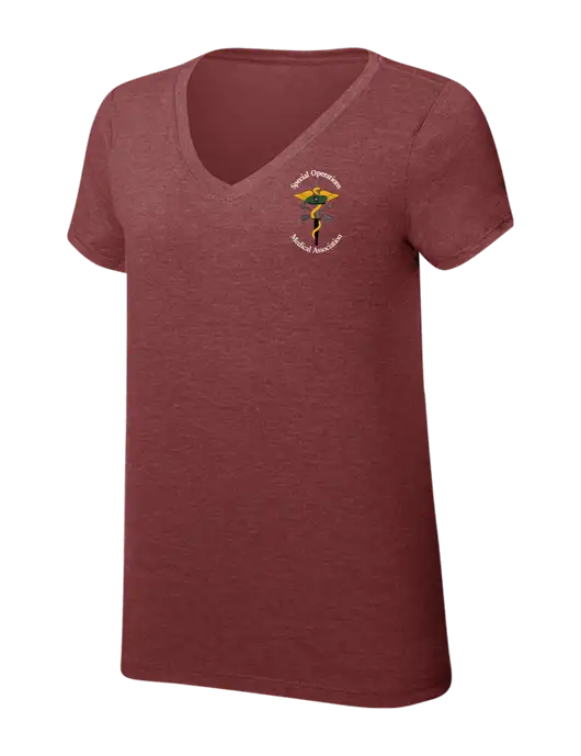 Womens Simply Soft V-Neck Maroon Frost 4.5oz  Poly/Combed Ring Spun Cotton T-Shirt w/SOMA Logo