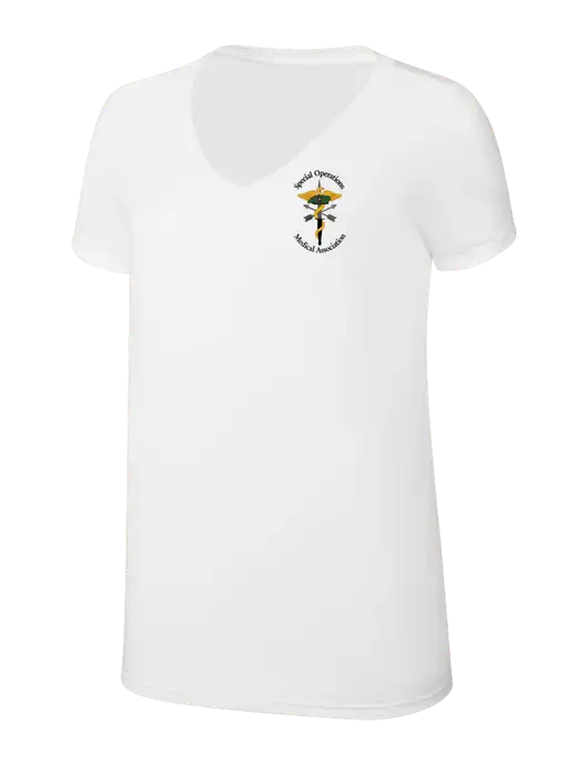 Womens Simply Soft V-Neck White 4.5oz  Poly/Combed Ring Spun Cotton T-Shirt w/SOMA Logo
