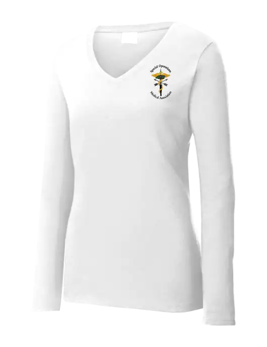 Womens  V-Neck Ring Spun White 4.5 oz Long Sleeve T-Shirt w/SOMA Logo
